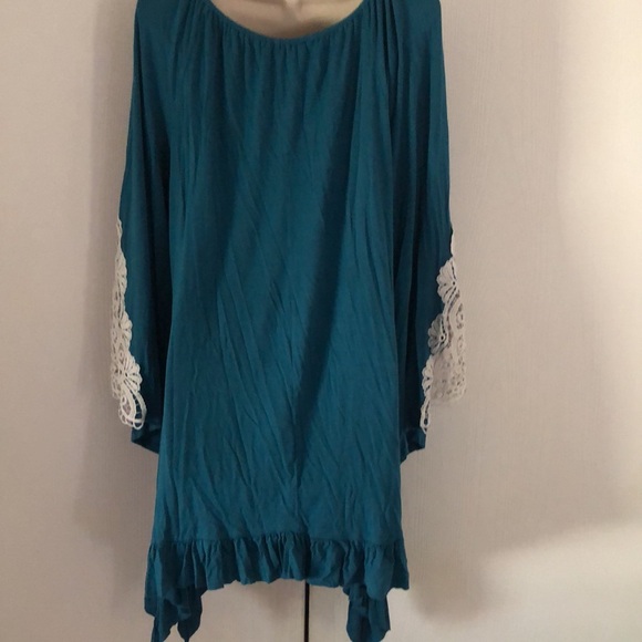 Woman’s bohemian fall blue embroidered crochet bell Sleeves eyelet tunic dress - Picture 12 of 14